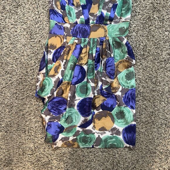 BCBG Silk Multicolor Green Floral Drape Pleated Dress Size 10 - Picture 3 of 14